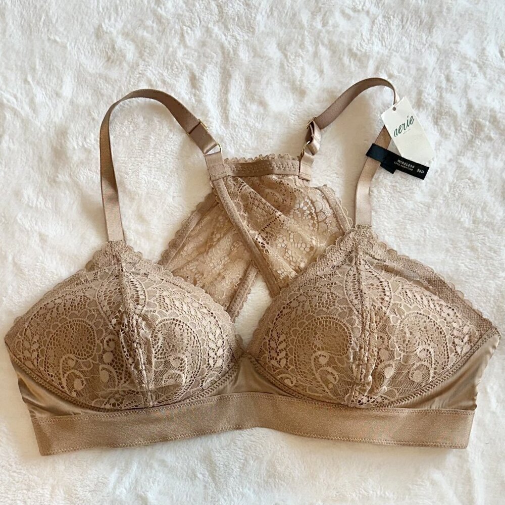 NWT Aerie Nude Cream Real Power Wireless Push Up Paisley Lace Bra - 36D - Picture 2 of 7